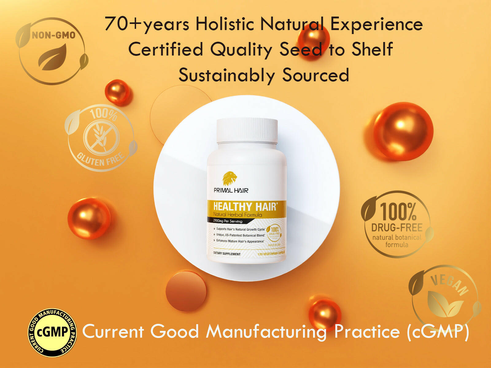 Primal Hair - 100% Natural Growth Treatment, Reduces Hair Loss, US Patented Formula Proven Effective for Men & Women, 100% Vegan Ingredients, Non-GMO