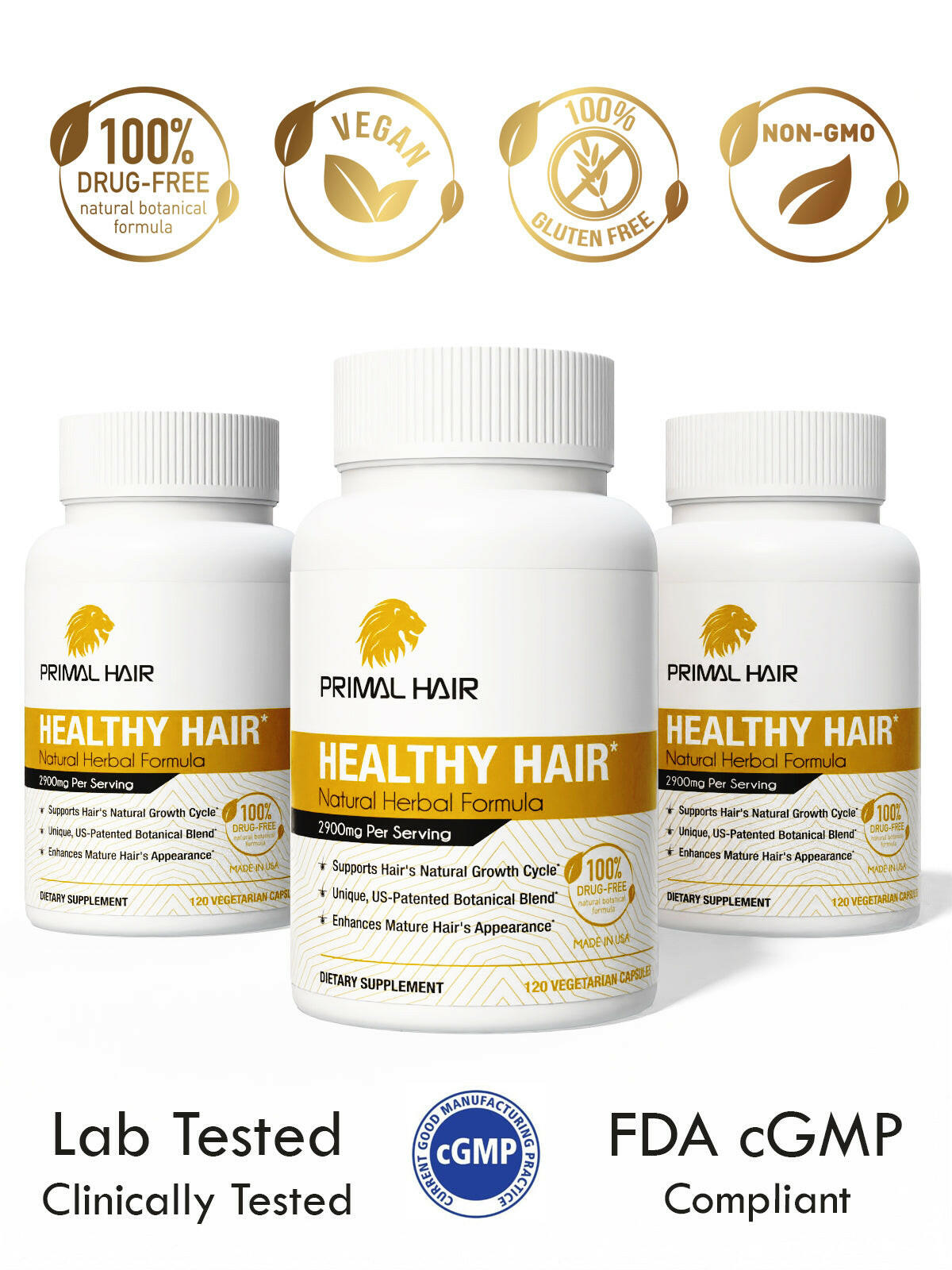 Primal Hair - 100% Natural Growth Treatment, Reduces Hair Loss, US Patented Formula Proven Effective for Men & Women, 100% Vegan Ingredients, Non-GMO