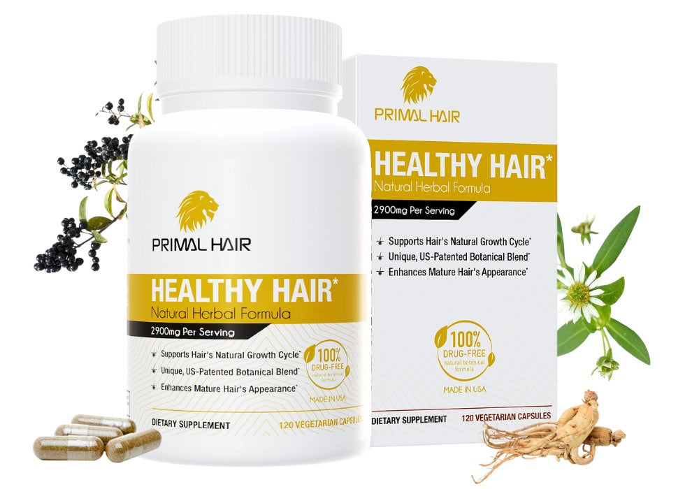 Primal Hair - 100% Natural Growth Treatment, Reduces Hair Loss, US Patented Formula Proven Effective for Men & Women, 100% Vegan Ingredients, Non-GMO