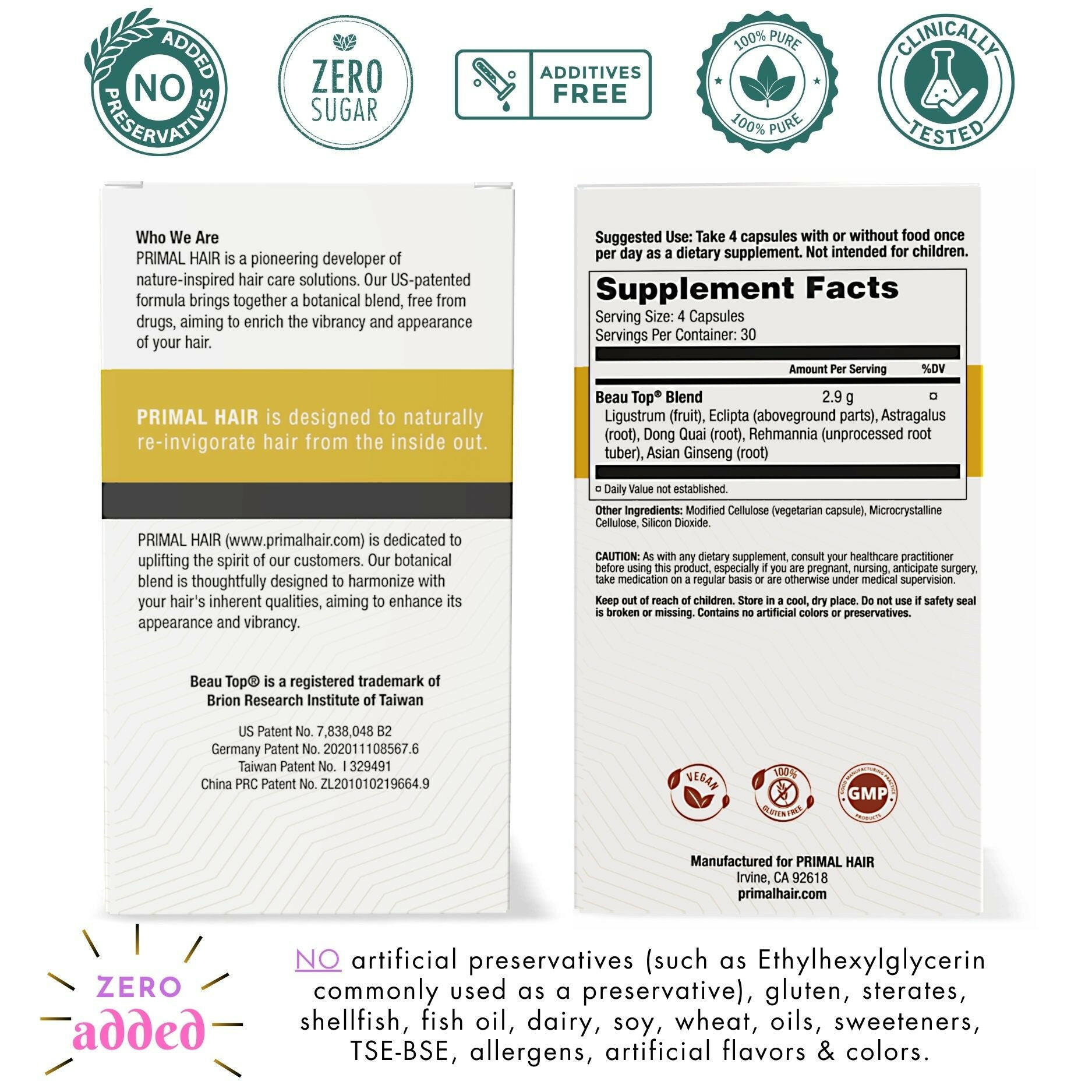 Primal Hair - 100% Natural Growth Treatment, Reduces Hair Loss, US Patented Formula Proven Effective for Men & Women, 100% Vegan Ingredients, Non-GMO