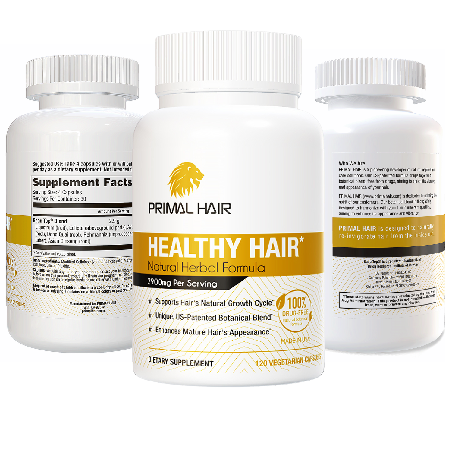 Primal Hair - 100% Natural Growth Treatment, Reduces Hair Loss, US Patented Formula Proven Effective for Men & Women, 100% Vegan Ingredients, Non-GMO