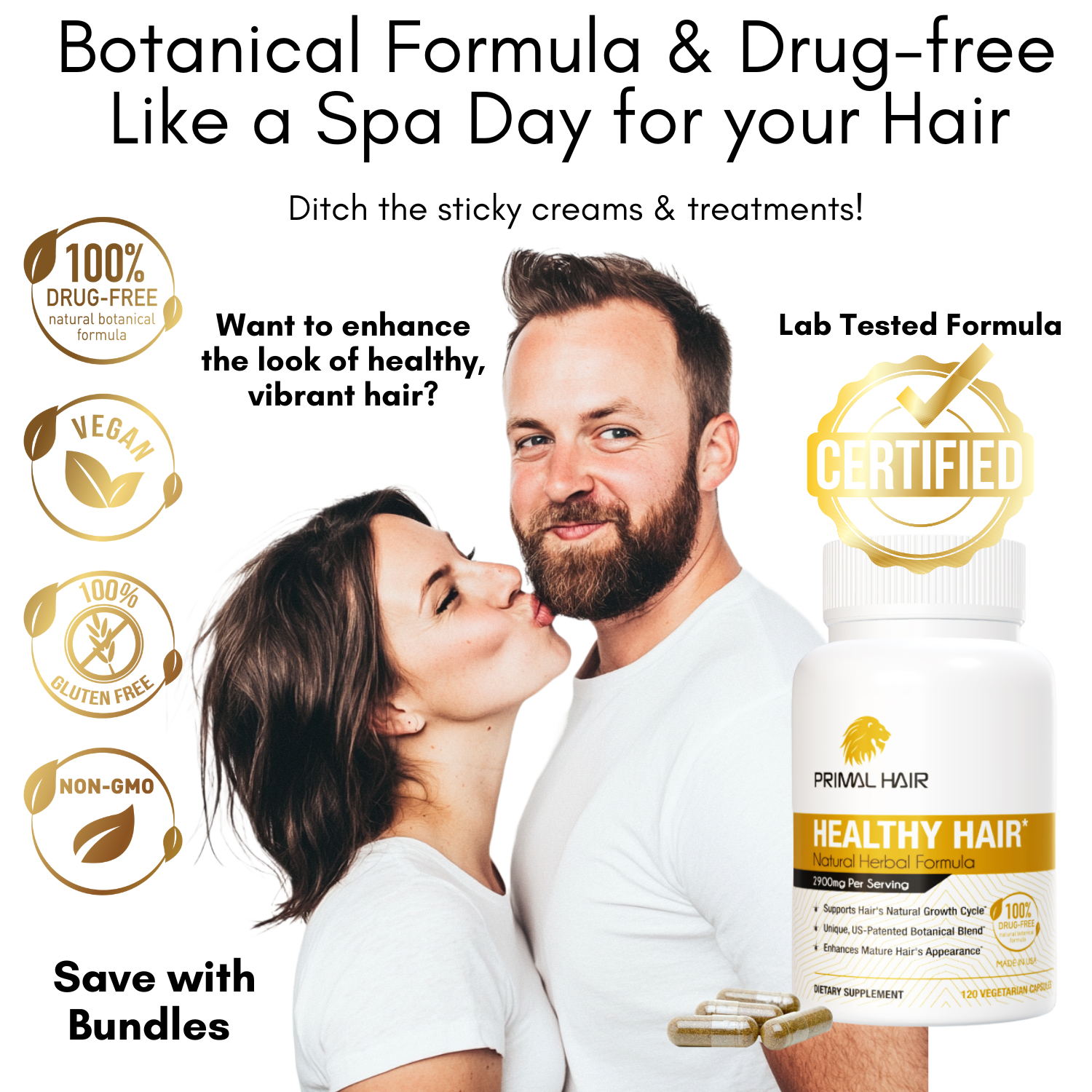 Primal Hair - 100% Natural Growth Treatment, Reduces Hair Loss, US Patented Formula Proven Effective for Men & Women, 100% Vegan Ingredients, Non-GMO